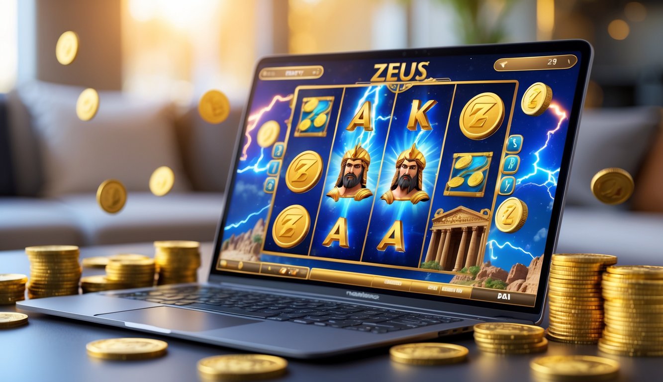 Layar perangkat menampilkan permainan slot online bertema Zeus dengan koin emas dan chip kasino di sekitar.
