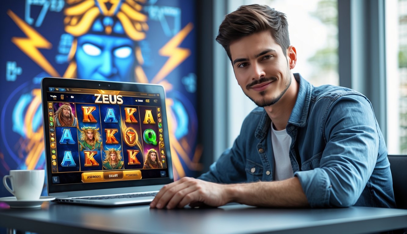 Seorang pria muda duduk di depan laptop dengan latar belakang tema Zeus dan permainan slot online.