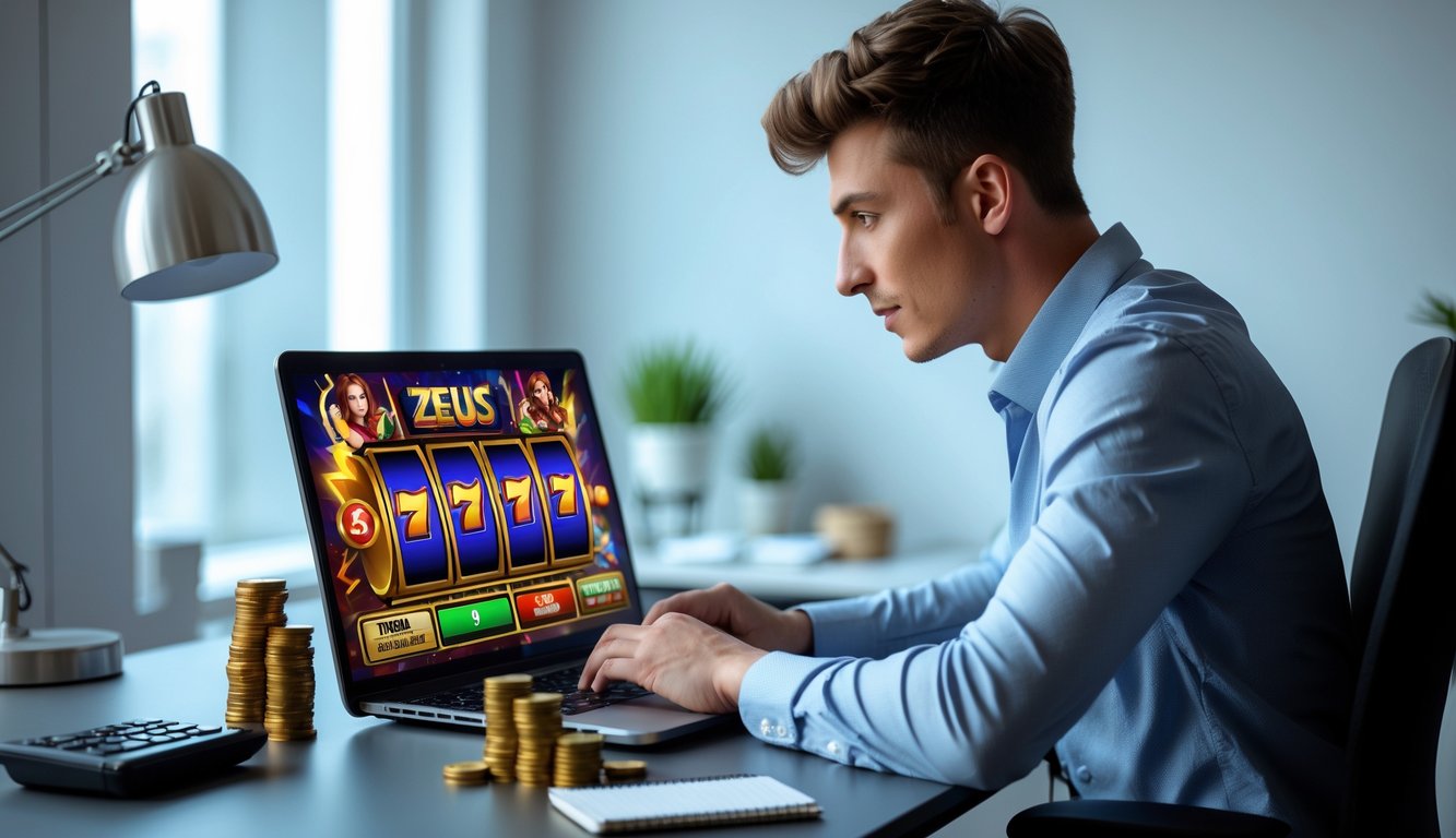 Seorang pria muda duduk di meja dengan laptop, bermain permainan slot online dengan fokus, dikelilingi oleh koin dan catatan strategi.