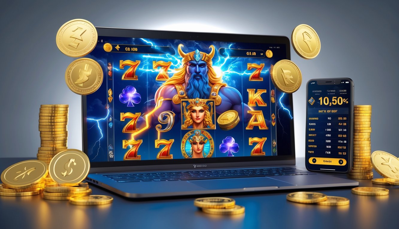Seorang pria menggunakan laptop dengan permainan slot online bertema Zeus di layar, dikelilingi oleh koin emas dan chip poker.
