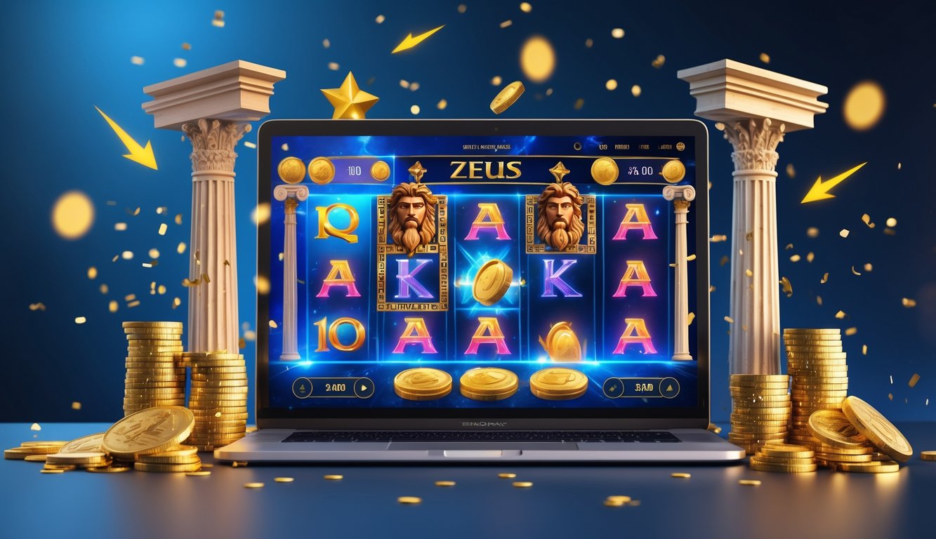 Seorang pemain menggunakan komputer dengan permainan slot online bertema Zeus di layar, dikelilingi oleh koin emas dan cahaya gemerlap yang menunjukkan kemenangan.