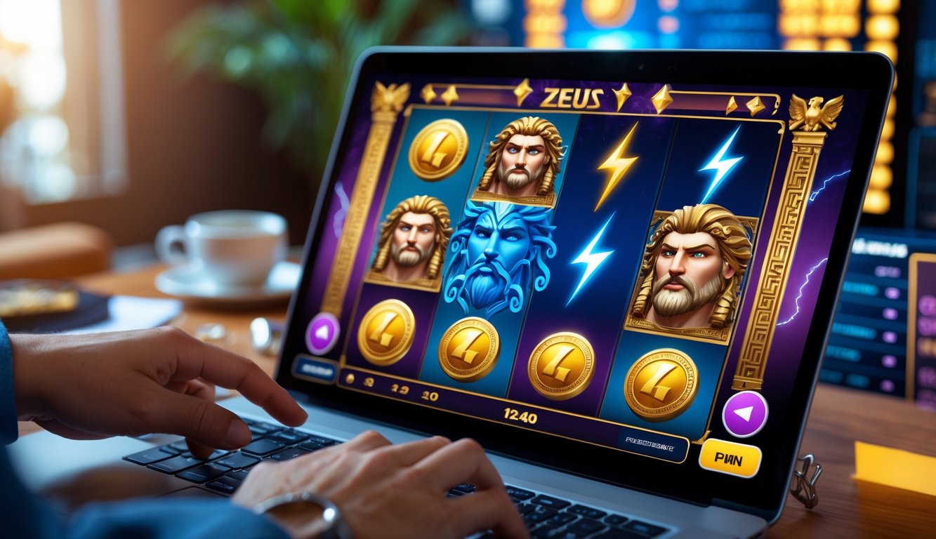 Seseorang menggunakan komputer untuk bermain mesin slot online bertema Zeus dengan latar ruangan yang nyaman.
