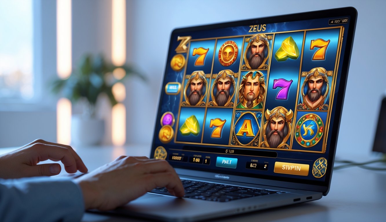 Seseorang bermain permainan slot online bertema Zeus di depan komputer dalam ruangan yang rapi dan terang.