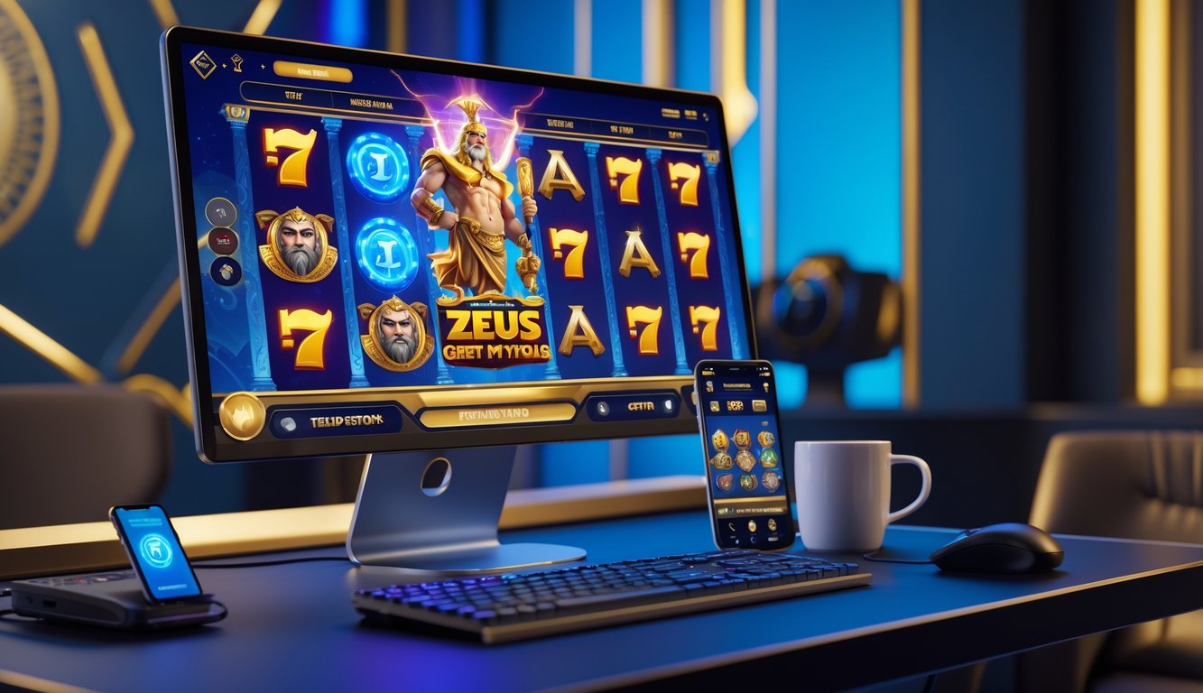 Seseorang sedang menggunakan laptop dengan tampilan permainan slot online bertema Zeus di sebuah ruangan gaming yang modern dan terang.