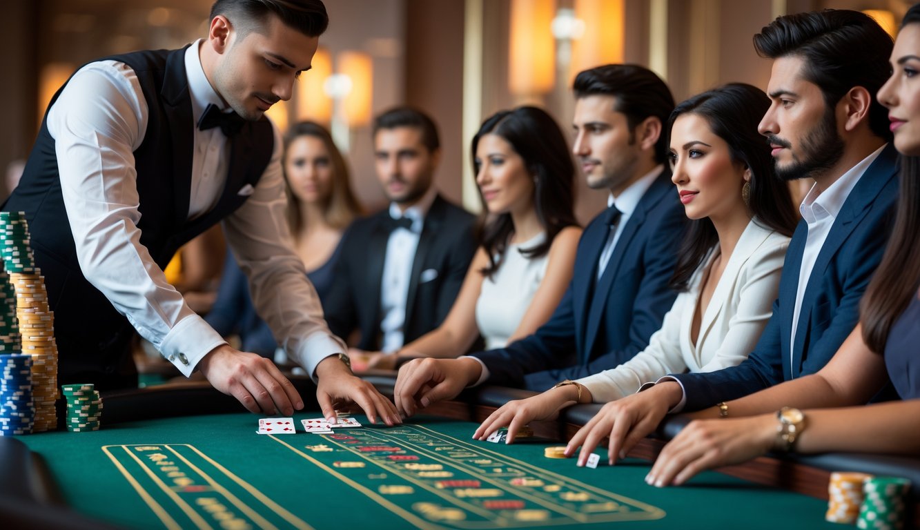 Seorang dealer membagikan kartu di meja baccarat dengan beberapa pemain yang fokus dan suasana kasino yang hangat.