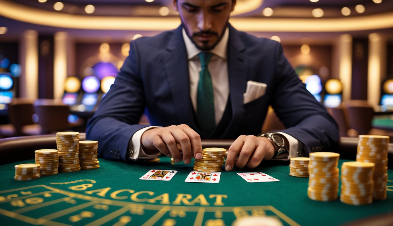 Seorang pemain berpakaian rapi sedang menganalisis kartu baccarat di meja hijau dengan tumpukan chip, di latar belakang suasana kasino yang mewah dan hangat.