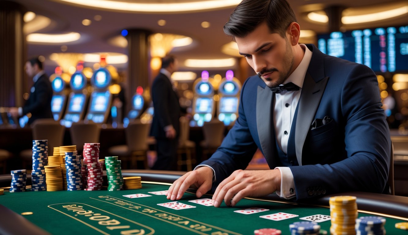 Seorang pria berpakaian rapi sedang bermain baccarat di meja kasino dengan kartu dan chip poker di depannya.