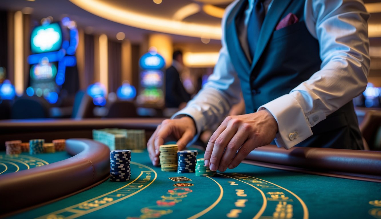 Seorang pemain berjudi di meja baccarat di kasino dengan tumpukan chip kecil dan kartu yang sedang dibagikan.