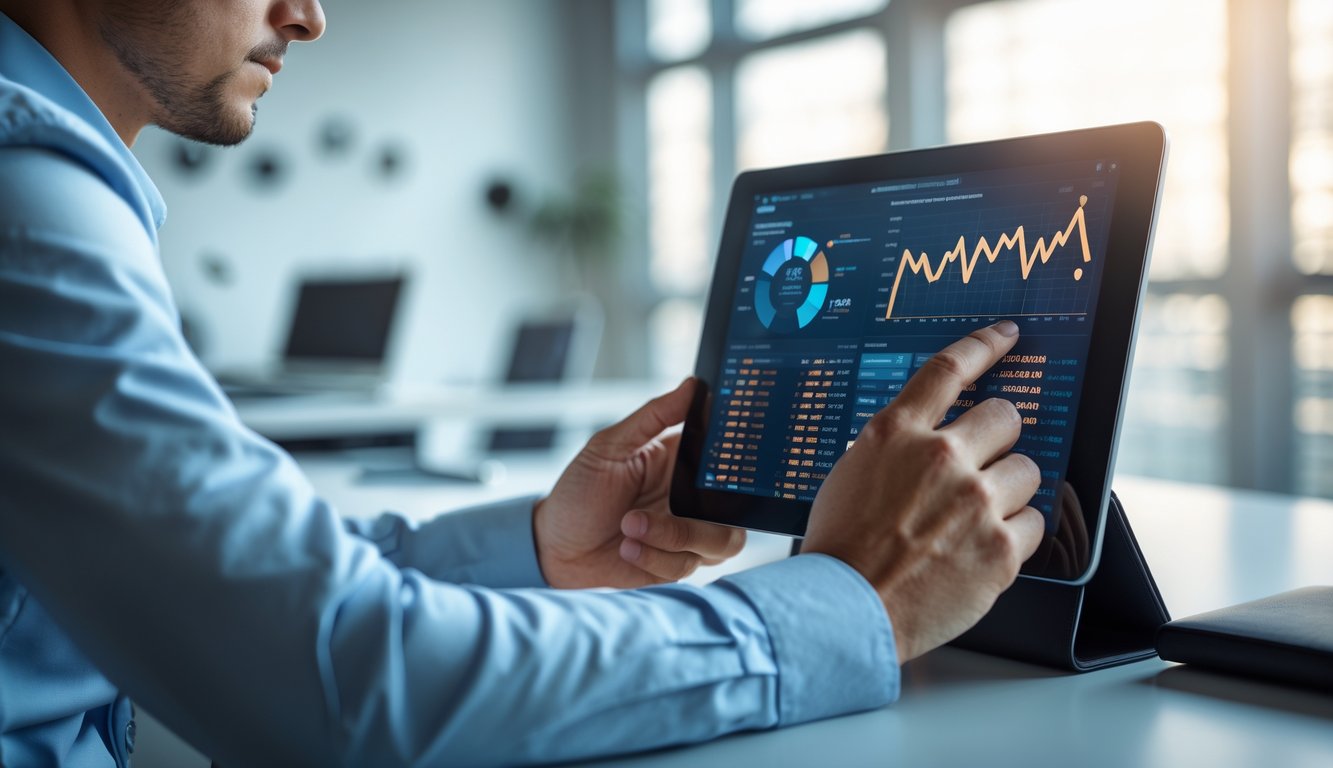 Seseorang sedang menganalisis pola pada layar tablet di ruang kantor modern dengan pencahayaan alami.