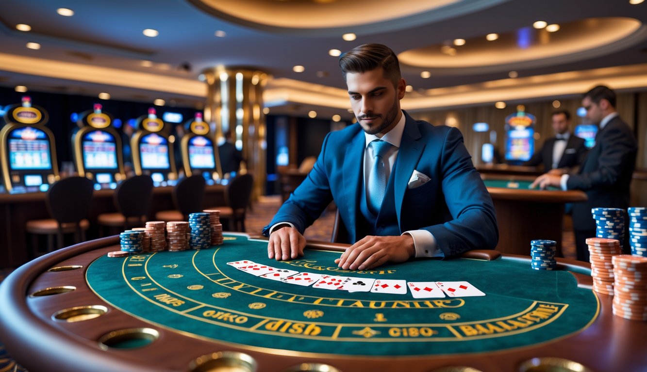 Seorang pemain berjudi di meja baccarat dengan kartu dan chip, dikelilingi suasana kasino yang rapi dan terang.