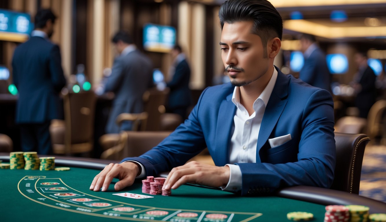 Seorang pria tenang dan fokus duduk di meja baccarat di kasino, memainkan kartu dengan ekspresi tanpa emosi dan suasana yang teratur.