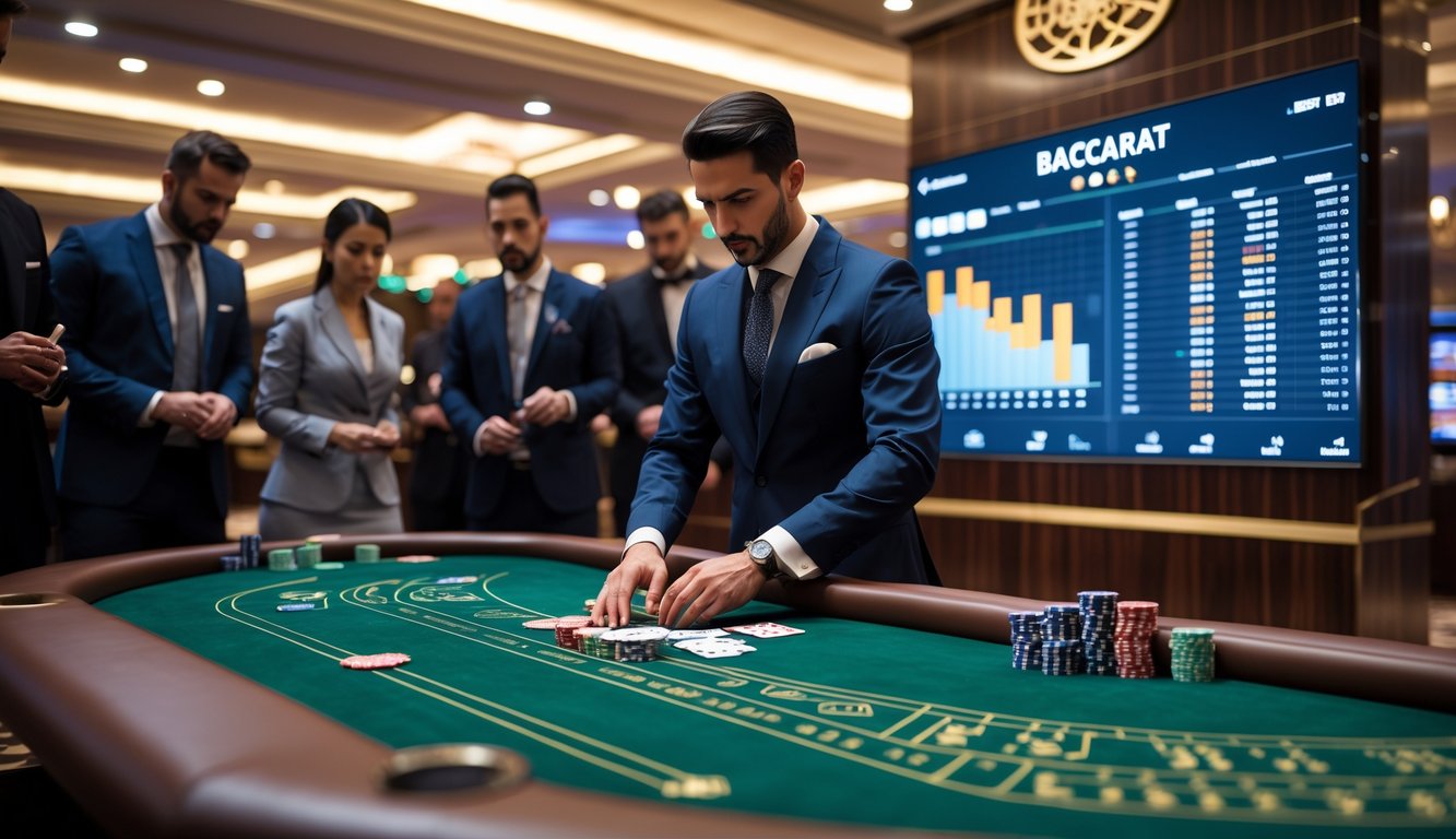 Seorang dealer dan beberapa pemain sedang bermain baccarat di meja kasino dengan layar yang menampilkan data statistik di samping meja.