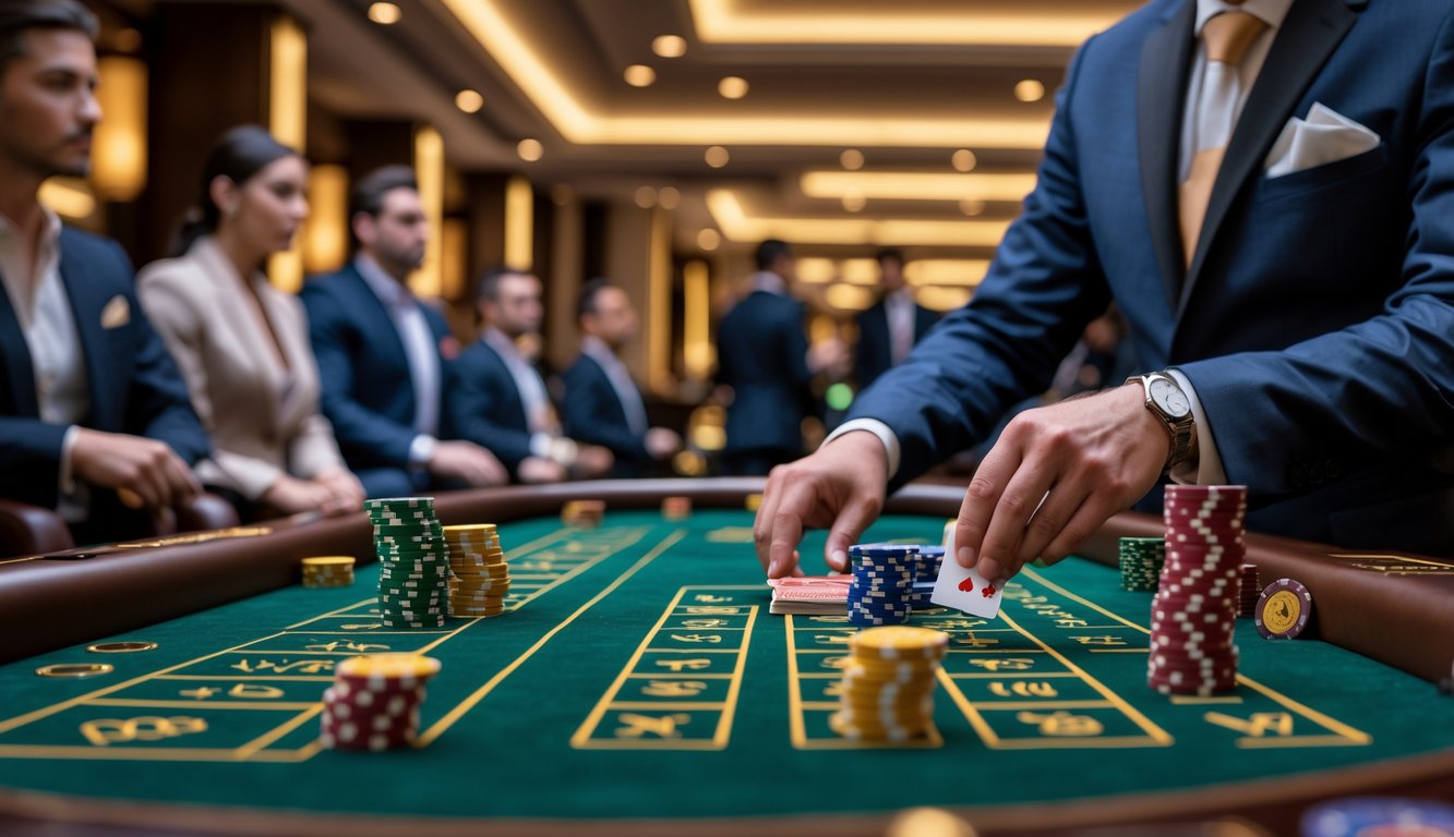 Meja baccarat di kasino dengan chip, kartu, dan dealer yang sedang membagikan kartu, dikelilingi oleh pemain yang fokus.