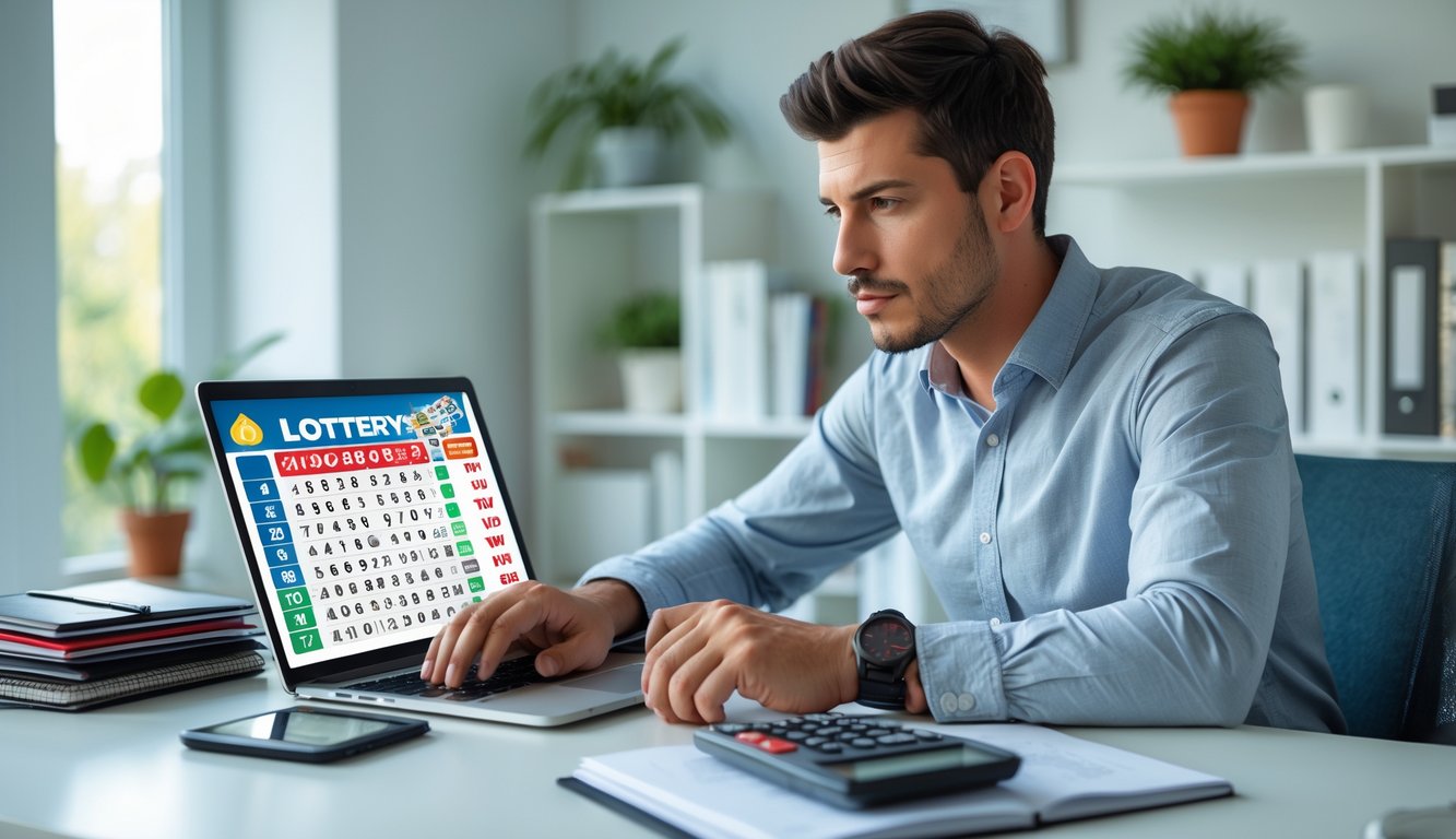 Seorang pria muda duduk di meja kerja dengan laptop, memeriksa angka dan catatan dalam ruangan yang terang dan rapi.