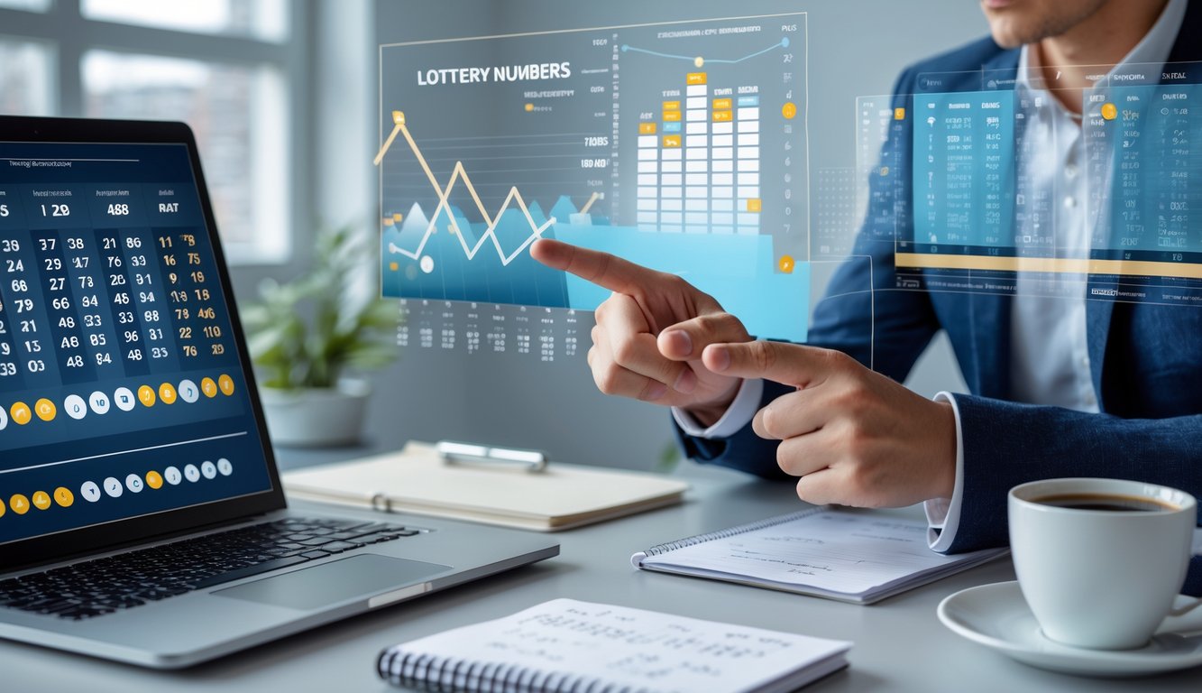 Seseorang sedang menganalisis angka togel dengan tablet di meja kerja yang rapi, dikelilingi oleh grafik dan data angka.