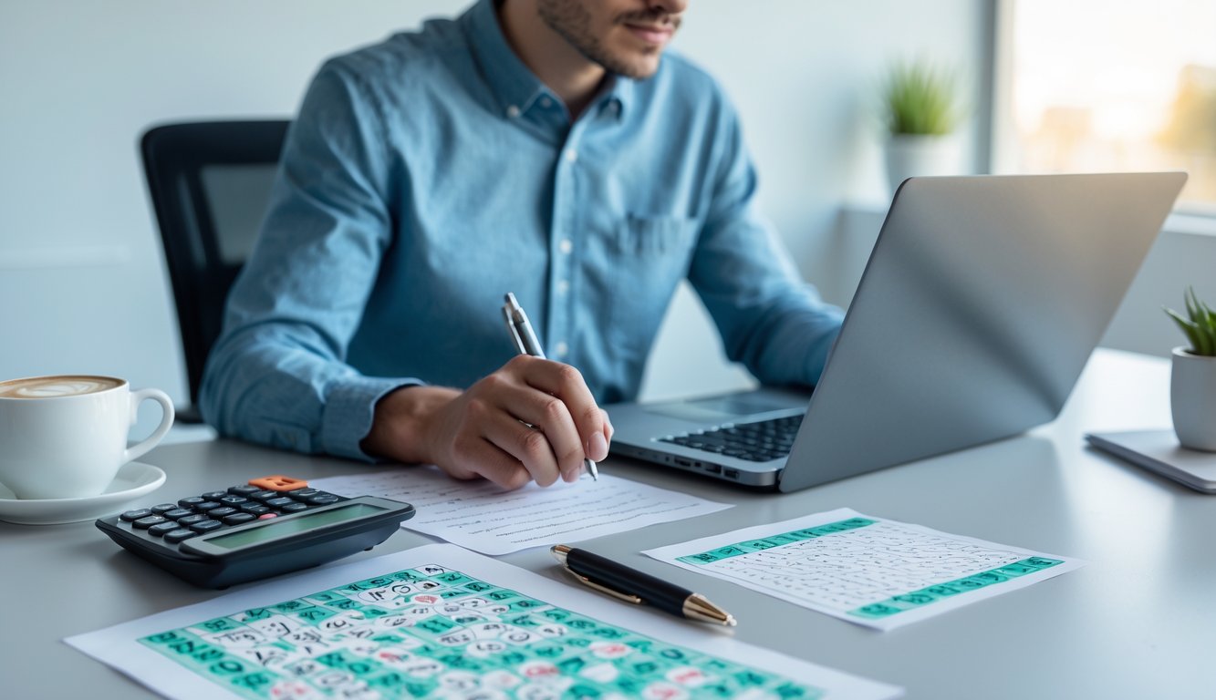 Seorang pria fokus duduk di meja dengan laptop dan catatan, menganalisis angka togel 2D di ruang kantor yang terang dan rapi.