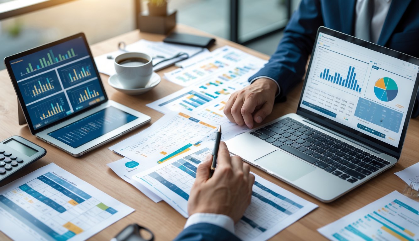 Meja kerja dengan perangkat digital dan dokumen statistik yang digunakan untuk analisis data togel 2D.