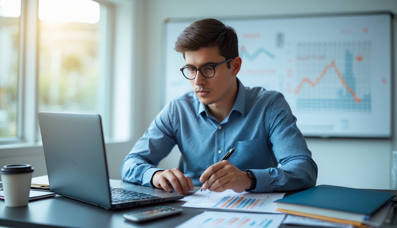 Seorang pria muda duduk di meja kantor yang rapi, fokus menganalisis data dan grafik di laptop dengan alat tulis dan kalkulator di sekitarnya.