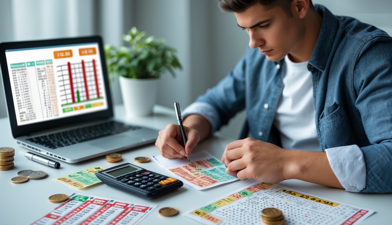 Orang dewasa muda duduk di meja dengan tiket lotere, kalkulator, dan catatan, tampak fokus merencanakan strategi judi dengan modal kecil.