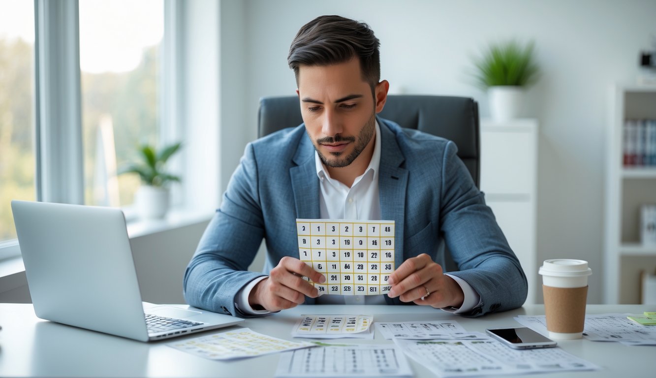 Seorang pria sedang duduk di meja modern sambil menganalisis angka togel di layar laptop dengan serius di sebuah ruang kerja rumah yang terang.