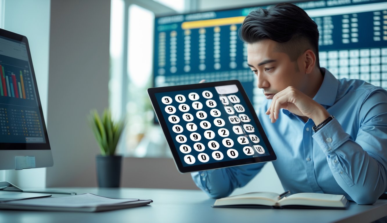 Seseorang sedang fokus menganalisis pola keluaran togel 2D menggunakan tablet di meja kerja.