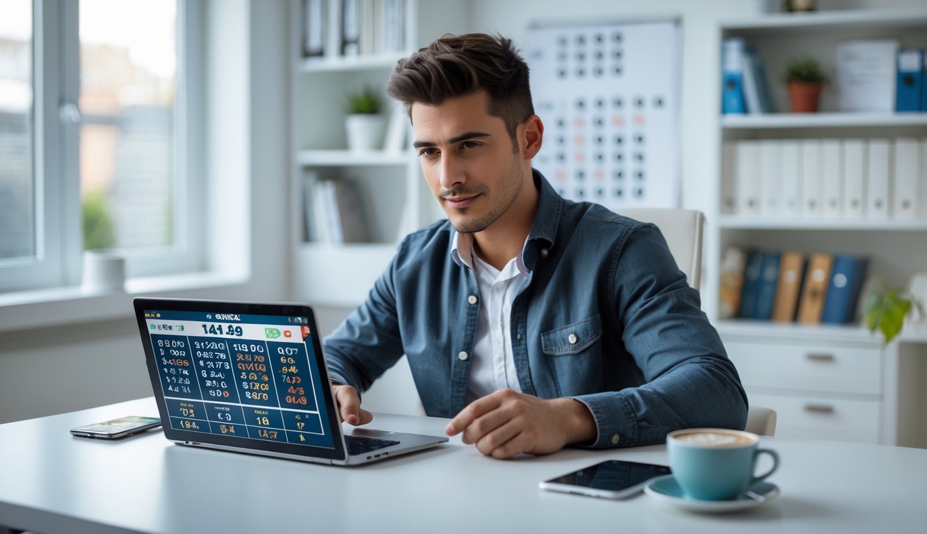 Seorang pria muda duduk di meja kerja dengan laptop, fokus melihat layar yang menampilkan angka dan grafik, di ruangan terang dan rapi.