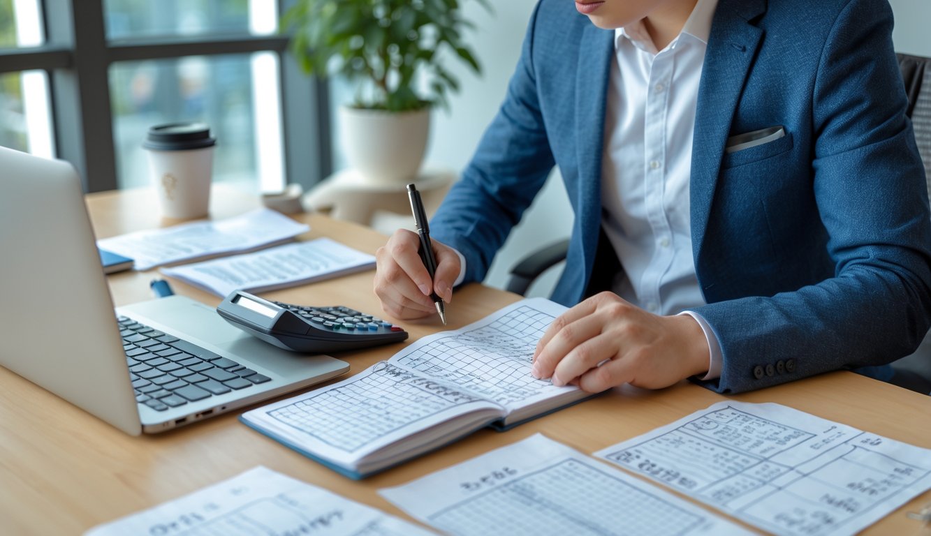 Seseorang sedang menghitung secara manual dengan kalkulator dan mencatat angka di meja kerja yang rapi.