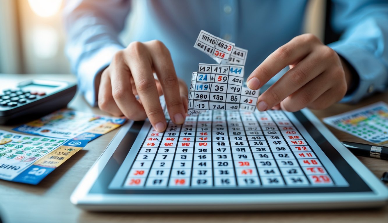 Tangan seseorang sedang menganalisis pola angka pada tablet di atas meja dengan alat tulis dan tiket lotere di latar belakang.