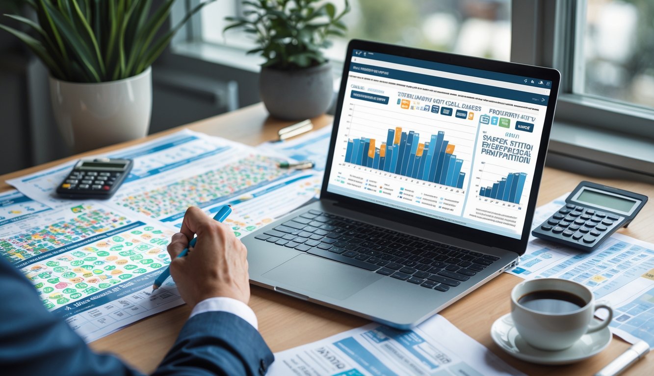 Seseorang sedang menganalisis data statistik keluaran togel di meja kerja dengan laptop, catatan, dan alat tulis.