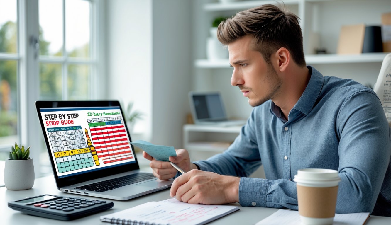 Seorang pria muda sedang duduk di meja kerja dengan laptop, buku catatan, dan kopi, terlihat fokus mempelajari panduan langkah demi langkah.