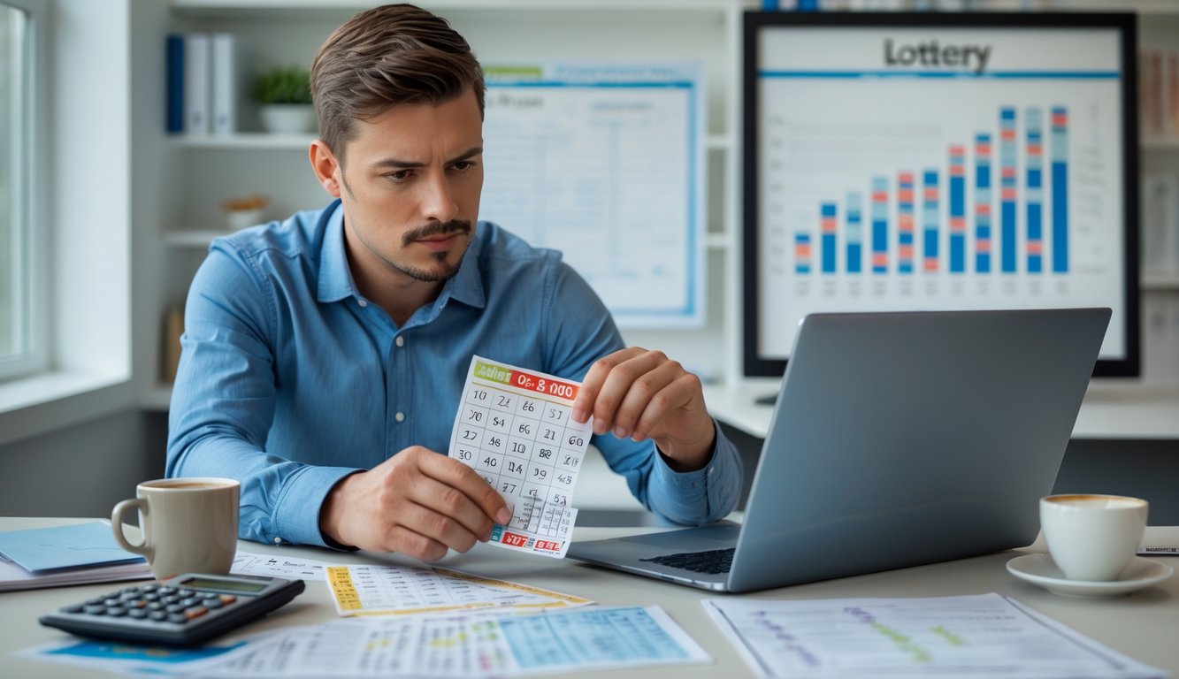 Seorang pria sedang duduk di meja dengan laptop dan kertas, mempelajari angka-angka togel dengan serius.
