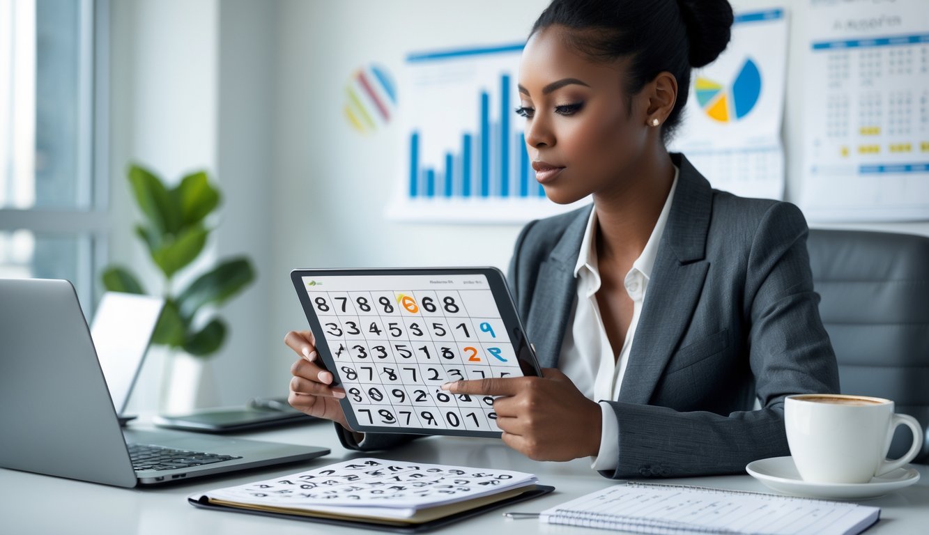 Seseorang sedang menganalisis angka togel di tablet dengan meja kerja yang rapi dan alat tulis di sekitarnya.