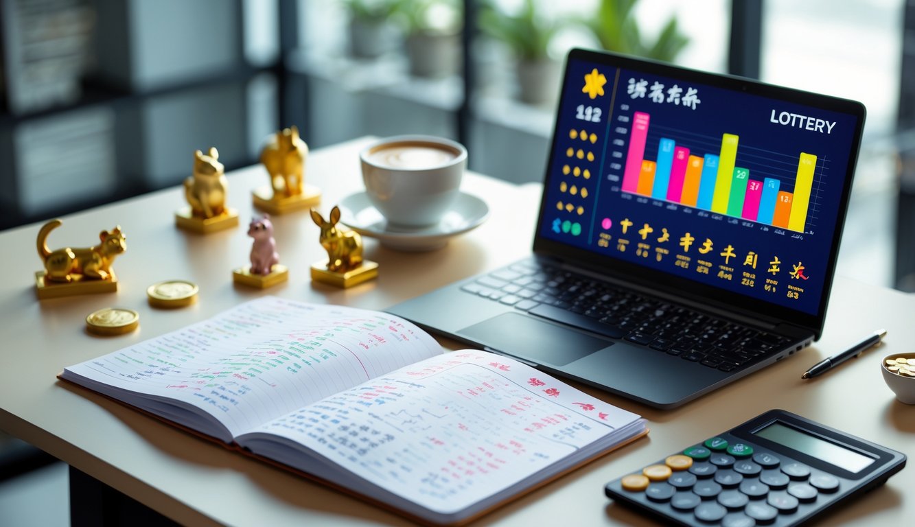 Meja kerja dengan laptop, buku catatan berisi angka dan simbol shio, serta kalkulator di sebuah ruangan kantor yang tenang.