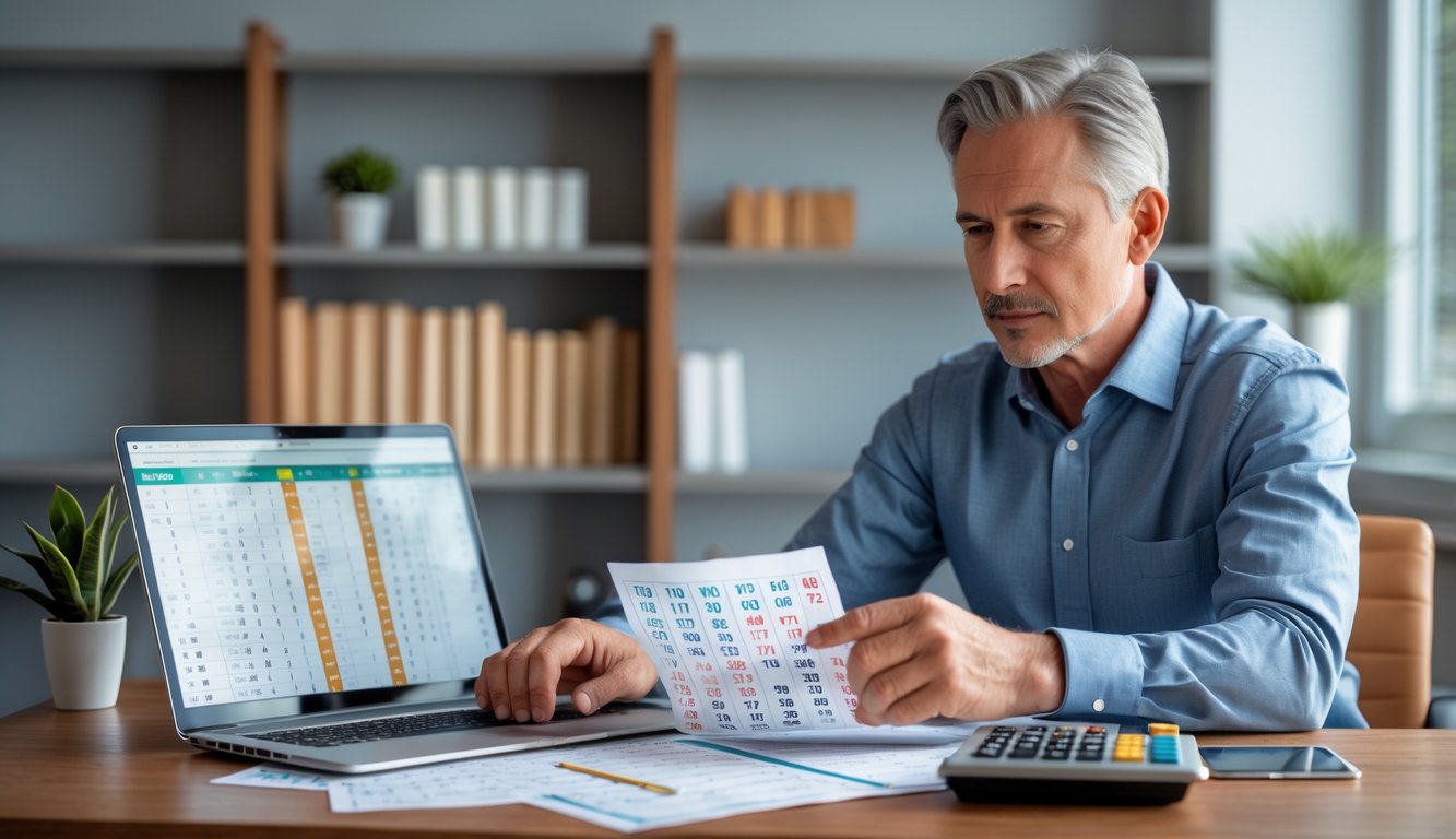 Seorang pria paruh baya duduk di meja dengan laptop dan kertas, terlihat fokus menganalisis data di ruangan yang terang.