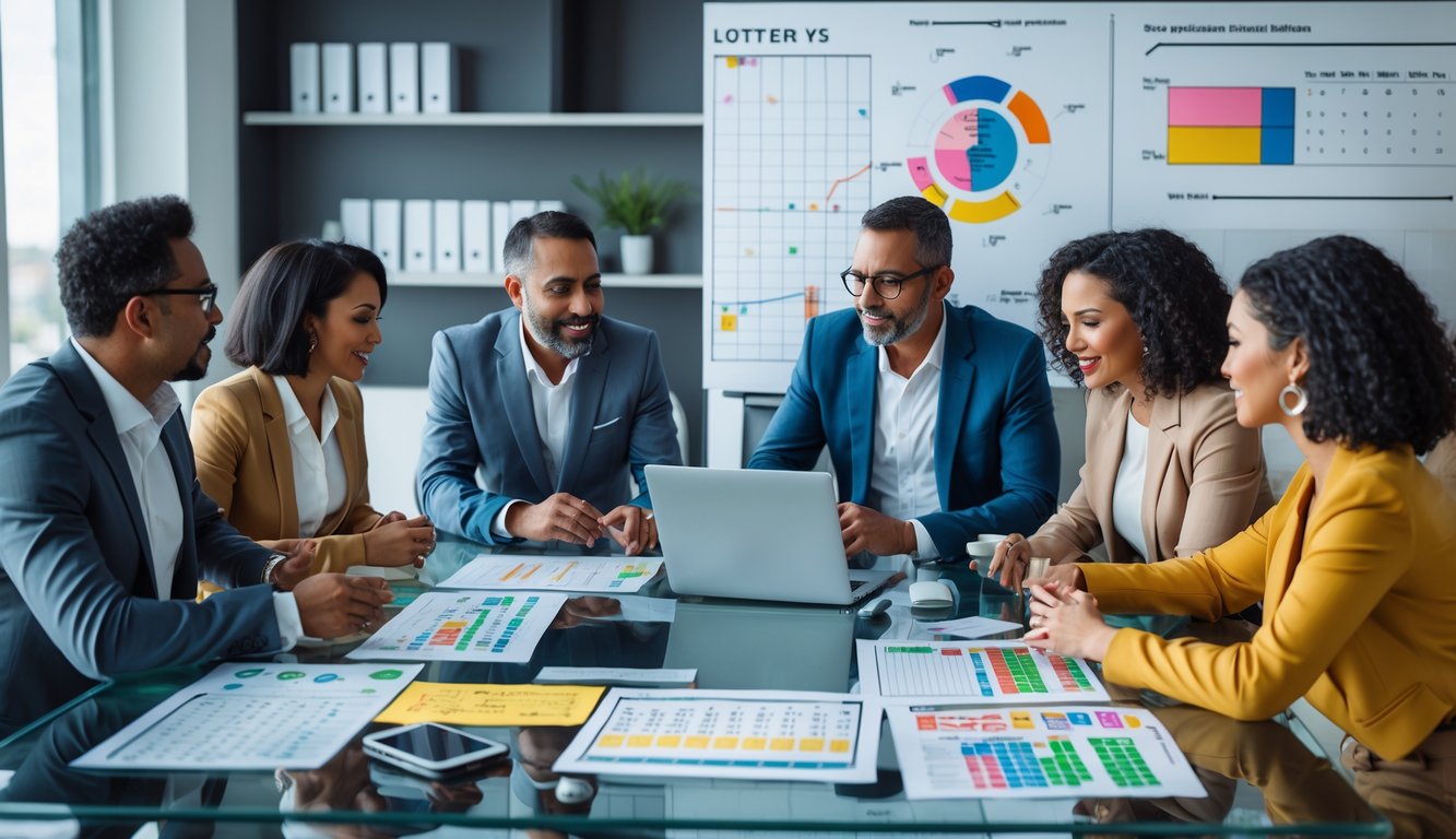 Sekelompok orang dewasa sedang berdiskusi dan menganalisis data di meja kerja dalam ruangan kantor modern.