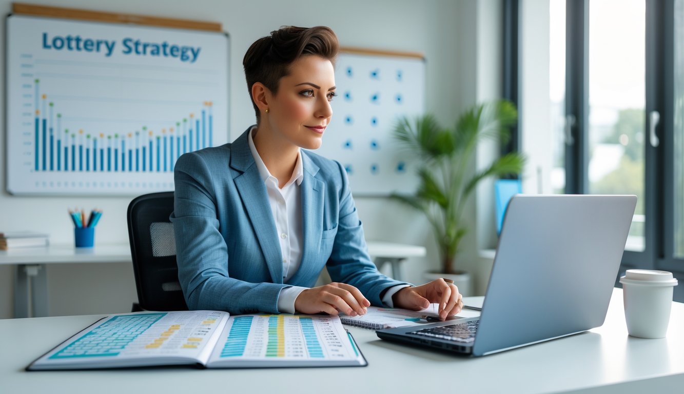 Seseorang duduk di meja kerja dengan laptop dan buku catatan, menganalisis data dan strategi dalam ruangan kantor yang terang dan rapi.