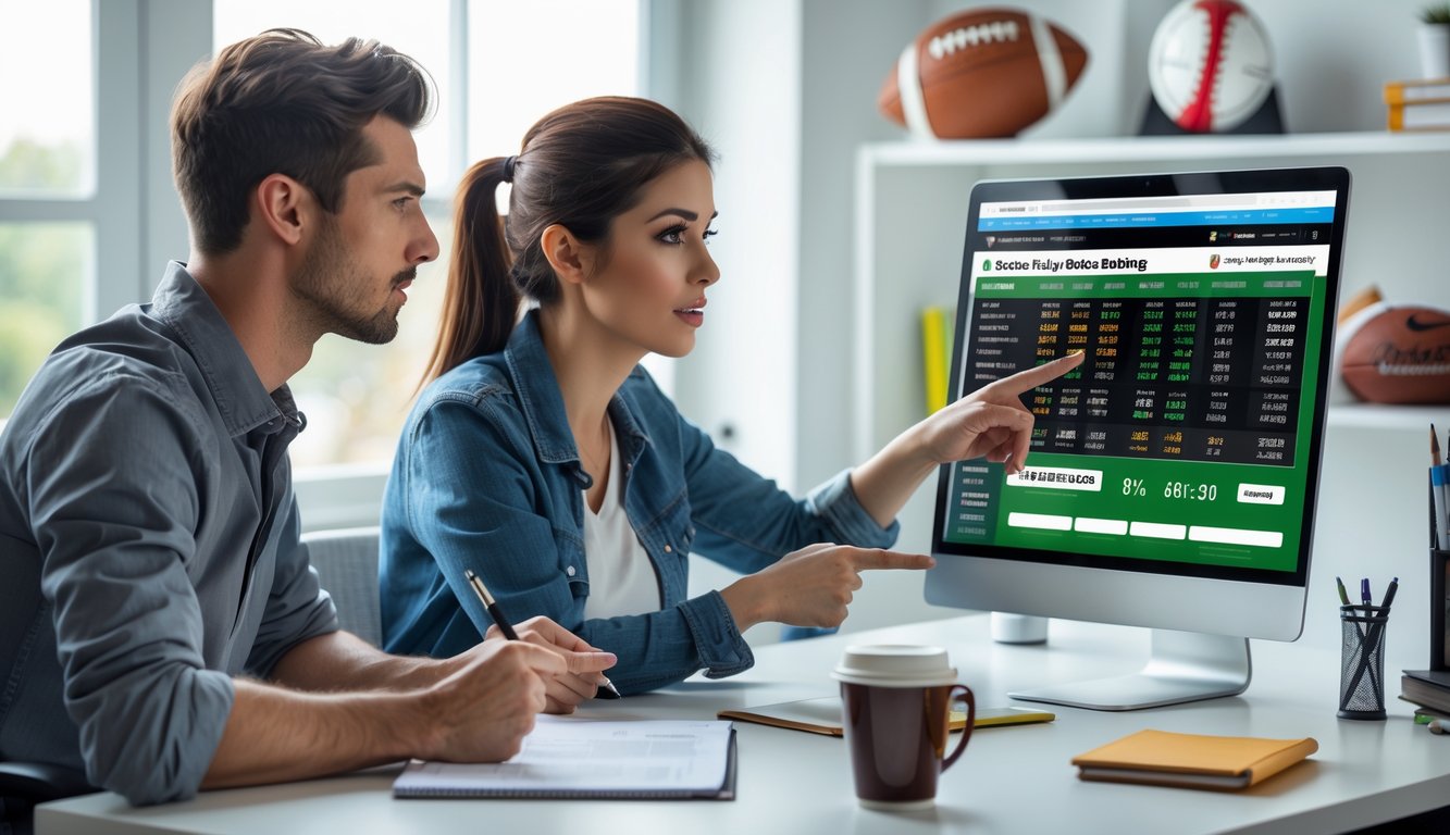 Dua orang muda duduk di meja dengan laptop dan catatan, fokus mempelajari strategi taruhan olahraga.