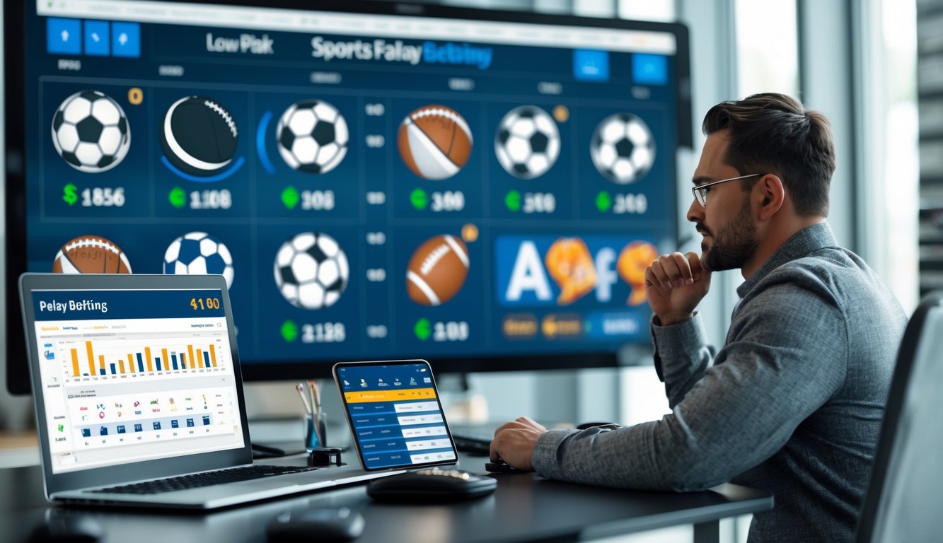 Seorang petaruh olahraga yang percaya diri sedang menganalisis beberapa pertandingan olahraga di layar digital besar di kantor modern.