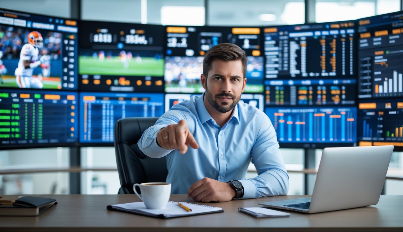 Seorang analis olahraga yang fokus di kantor modern dengan layar besar menampilkan statistik dan data pertandingan olahraga.