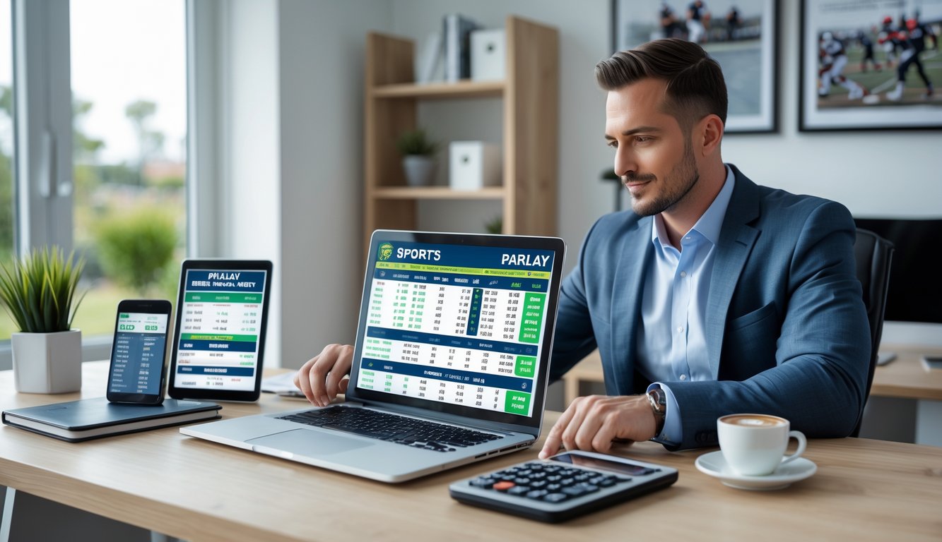 Seorang pria sedang duduk di meja kerja dengan beberapa perangkat digital menampilkan data taruhan olahraga dan statistik.