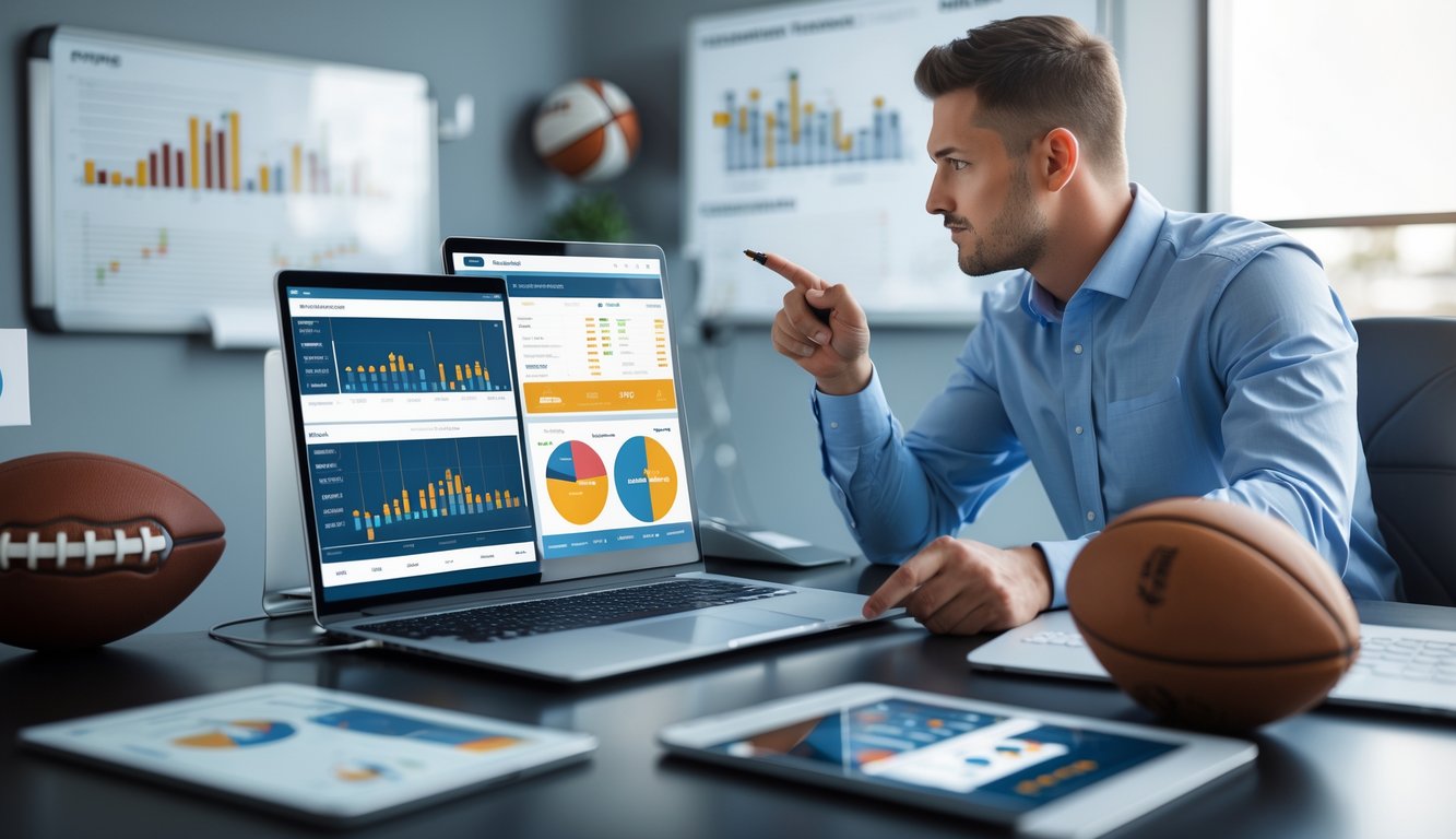 Seorang pria menganalisis data statistik olahraga di meja kerja dengan laptop dan tablet yang menampilkan grafik dan angka terkait taruhan parlay.