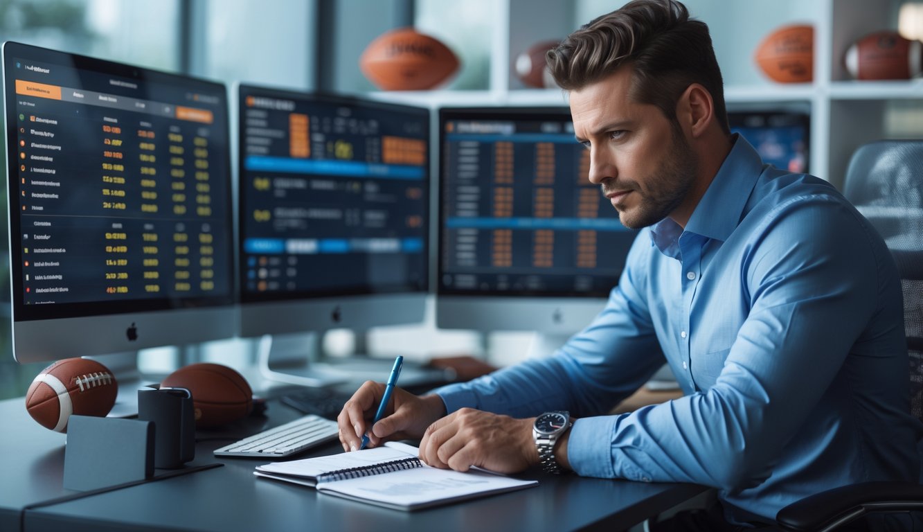 Seorang pria fokus duduk di meja dengan beberapa layar komputer menampilkan data taruhan olahraga, di ruang kantor modern dengan peralatan olahraga di latar belakang.