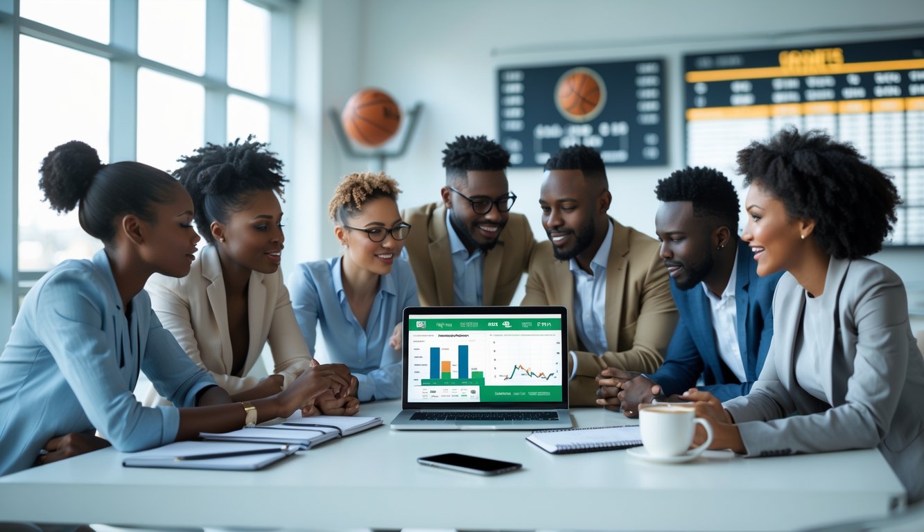 Sekelompok orang sedang berdiskusi di meja kerja dengan laptop dan alat tulis, fokus pada strategi taruhan olahraga dengan modal kecil.