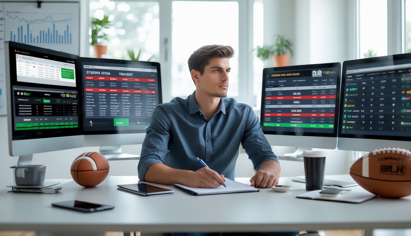 Seorang pria muda duduk di meja modern dengan beberapa layar komputer yang menampilkan pertandingan olahraga dan peluang taruhan, sedang fokus menganalisis data dengan catatan di sampingnya.