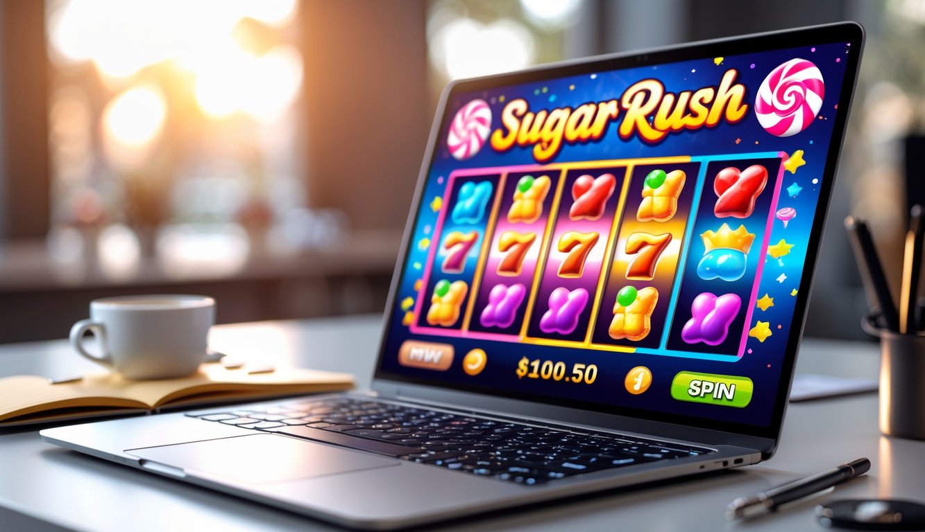 Suasana ruang kerja dengan laptop menampilkan permainan slot online bertema permen, di meja terdapat buku catatan dan secangkir kopi.