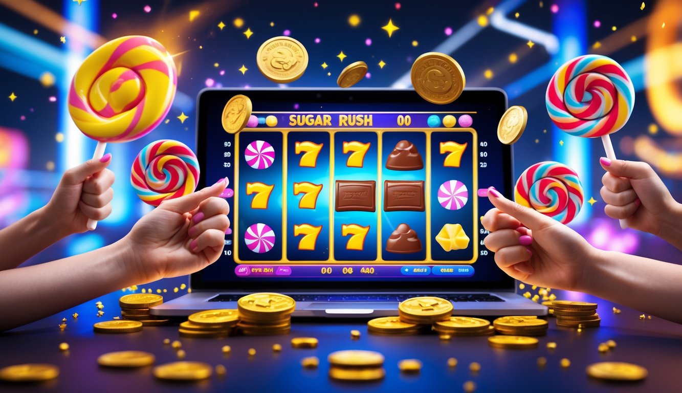 Tangan merayakan kemenangan di depan layar perangkat yang menampilkan permainan slot dengan simbol permen warna-warni dan koin emas berkilauan.