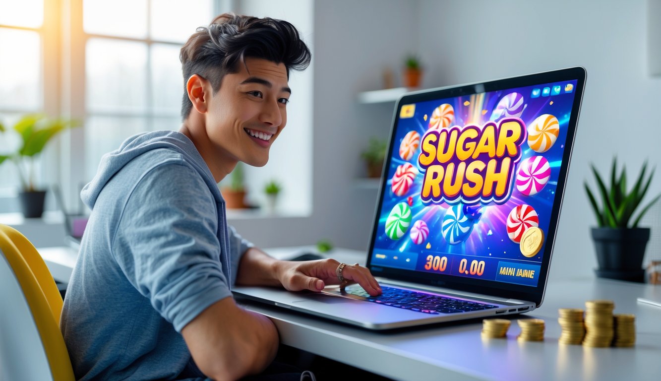 Seseorang duduk di meja dengan laptop, bermain permainan slot online dengan tema permen, terlihat fokus dan bersemangat.