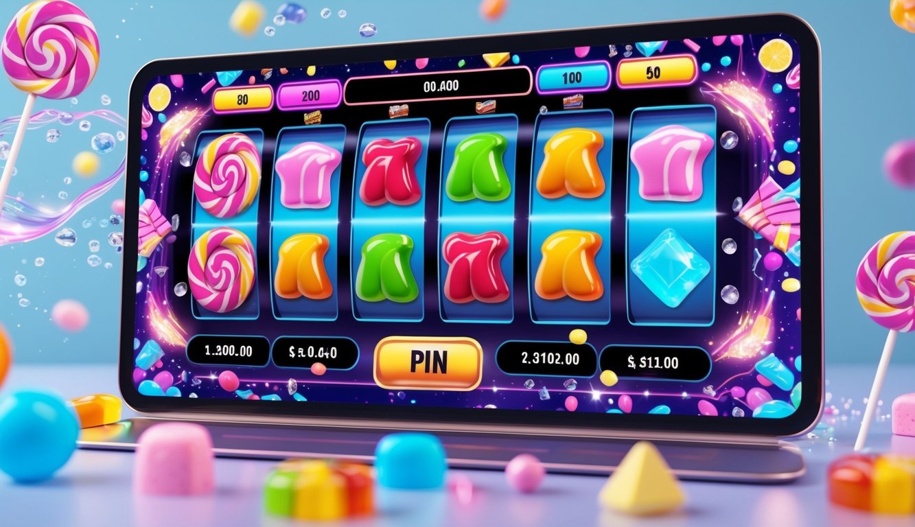 Tampilan mesin slot online dengan simbol permen berwarna-warni dan pola kemenangan yang menyala di layar.