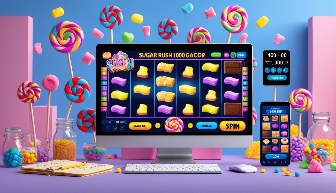 Sebuah meja dengan komputer menampilkan permainan slot online bertema permen, dengan permen warna-warni di layar dan alat tulis di sekitarnya.