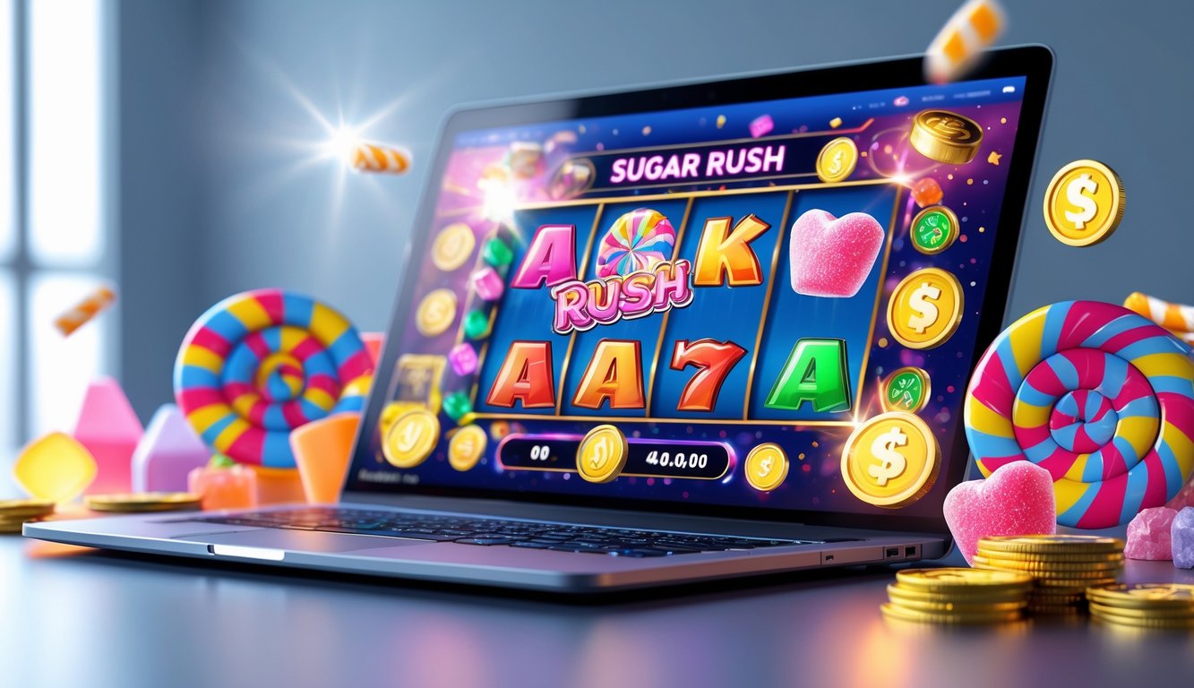Sebuah layar komputer menampilkan permainan slot online dengan tema permen berwarna-warni dan simbol kemenangan di sekitarnya.
